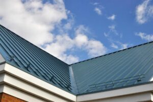 Sky view of a metal roof of a house